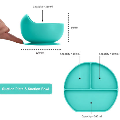 Silicone Baby Feeding Set 6 Pcs BPA Free – Suction Plate, Bowl, Bib, Spoon, Fork & Training Cup | Microwave Safe Toddler Feeding Set (Green)
