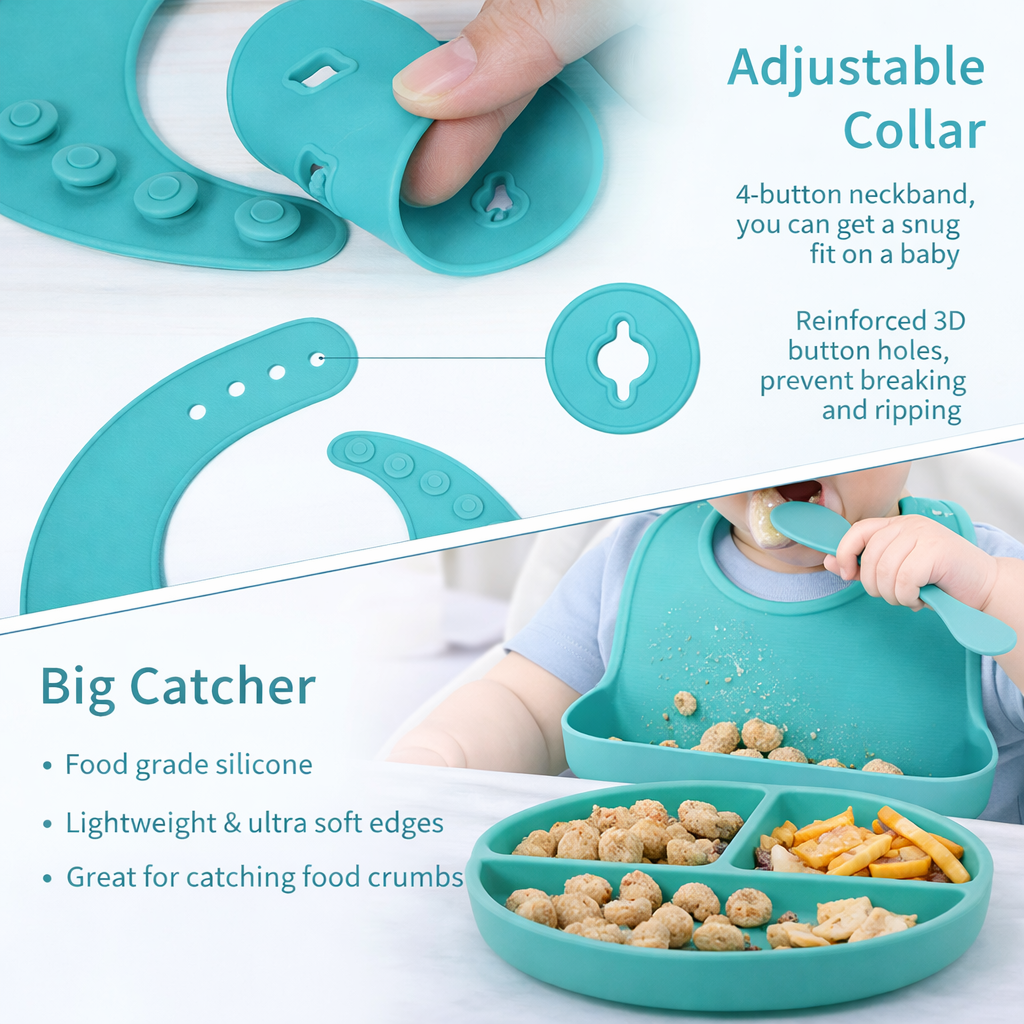 Silicone Baby Feeding Set 6 Pcs BPA Free – Suction Plate, Bowl, Bib, Spoon, Fork & Training Cup | Microwave Safe Toddler Feeding Set (Green)