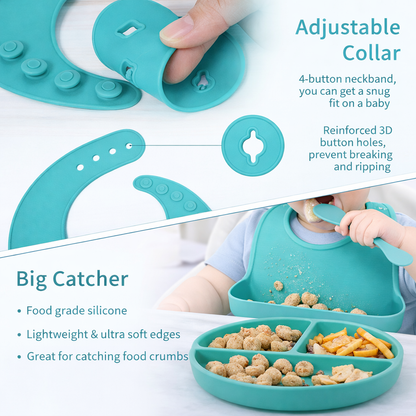 Silicone Baby Feeding Set 6 Pcs BPA Free – Suction Plate, Bowl, Bib, Spoon, Fork & Training Cup | Microwave Safe Toddler Feeding Set (Green)