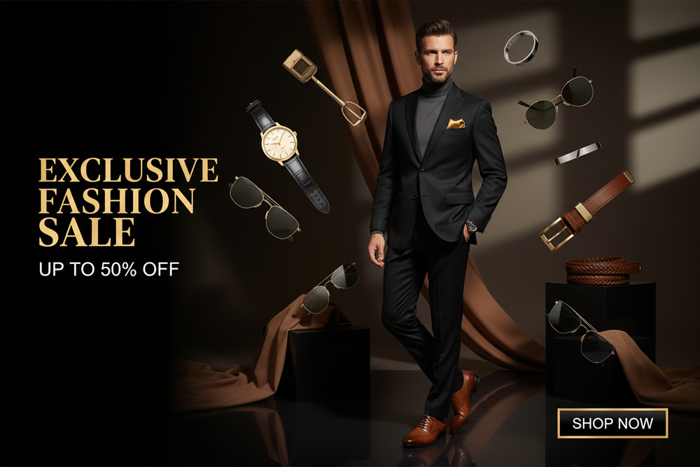 Cinematic premium e-commerce hero banner featuring a stylish, fashion-forward man in modern men’s wear. Confident pose with premium shoes and fashion accessories creatively arranged around him in a dynamic ad-style layout. Rich lighting, elegant shadows, luxury color tones, and high-end Photoshop composition. Bold sale text like “Exclusive Fashion Sale”, “Up to 50% Off” with an attractive “Shop Now” call-to-action, premium brand vibe.