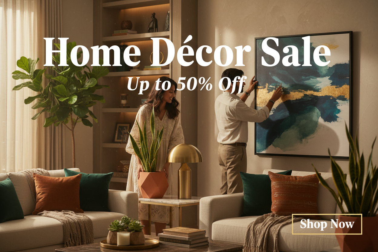 Cinematic premium e-commerce hero banner for home décor showcasing a modern Indian couple styling their living space. Elegant décor items like lamps, wall art, planters, and cushions arranged creatively. Warm ambient lighting, cozy luxury tones. Photoshop-style layout with “Home Décor Sale”, “Up to 50% Off” and a stylish “Shop Now” button.