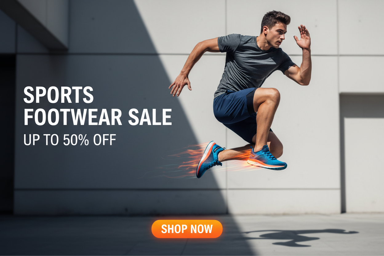 High-energy e-commerce hero banner for sports and casual footwear featuring a fit, stylish young man in an action pose like running or jumping. Sporty sneakers highlighted with motion effects and depth for a dynamic premium look. Strong lighting, bold shadows, modern colors. Professional ad-style design with “Sports Footwear Sale”, “Up to 50% Off” and a clear “Shop Now” button.